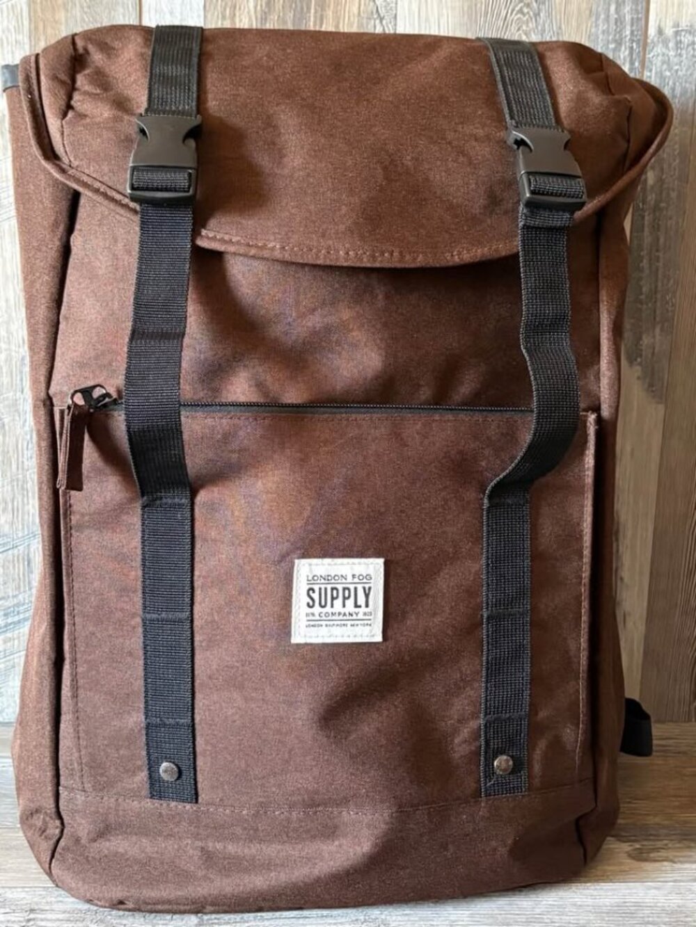 London Fog Supply Collection daily use brown backpack travel gear.